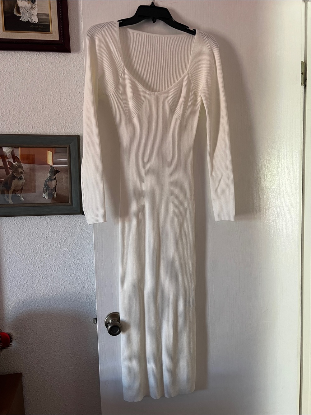 SHEIN Cream Ribbed Long-Sleeve Scoop Neck Midi Dress